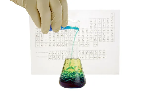 격렬 한 화학 반응에 대 한 피 펫을 삼각 플라스 크에 화학 물질을 추가 하는 화학자 또는 연구 과학자 — 스톡 사진