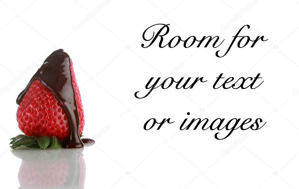 Chocolate covered strawberries on white with reflections and room for your text or images