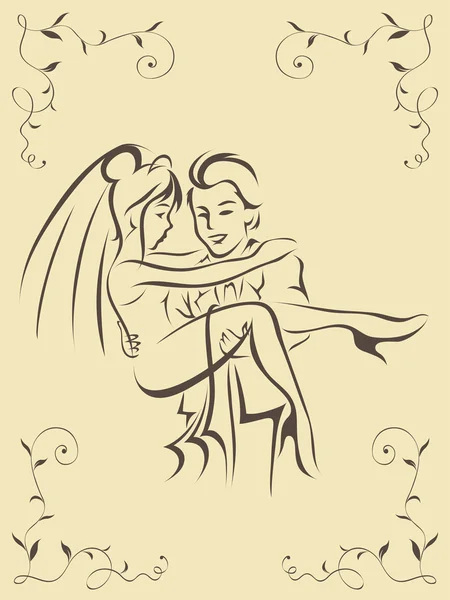Линейное искусство счастливой невесты и жениха на старой бумаге — стоковый вектор