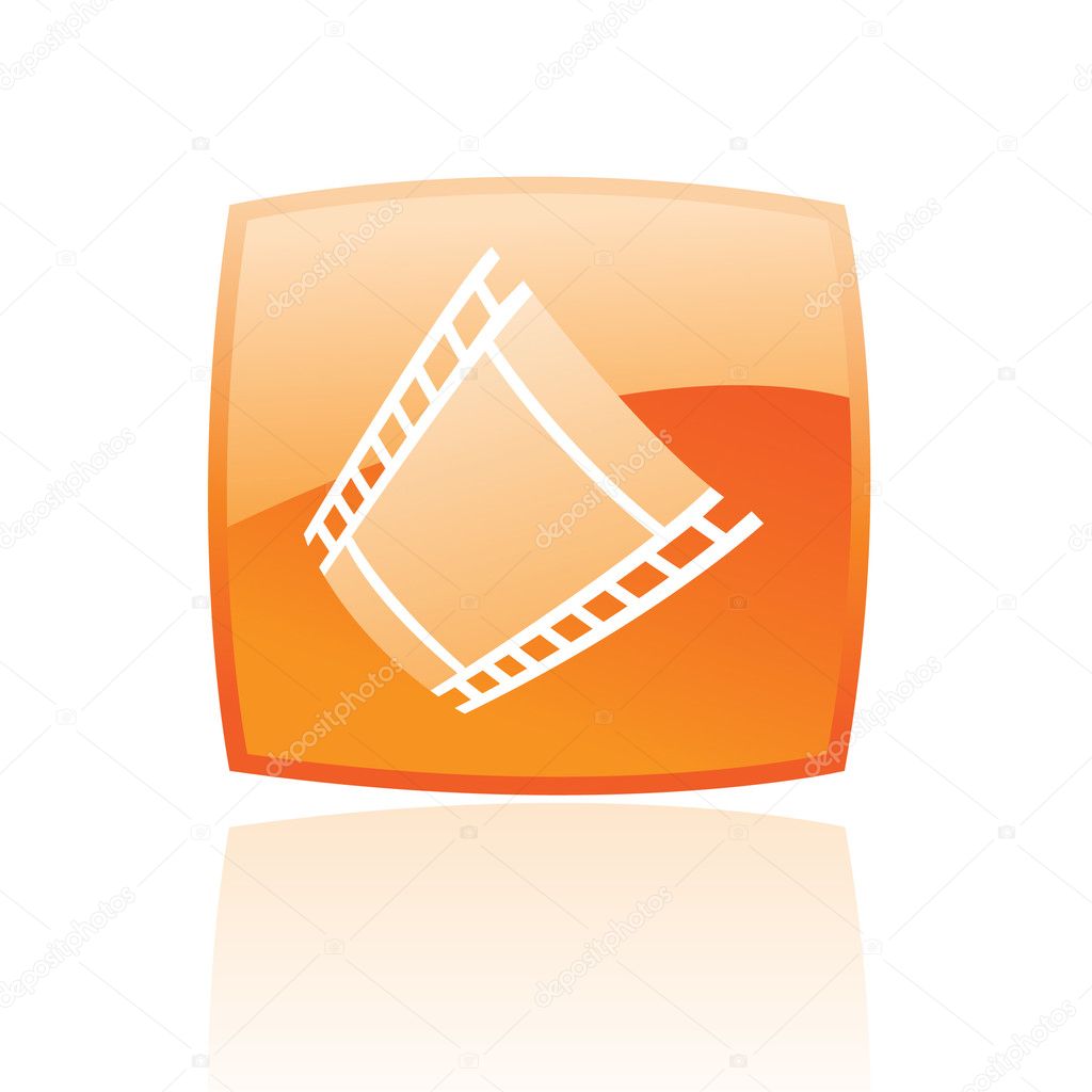 Film reel in orange glass button isolated on white
