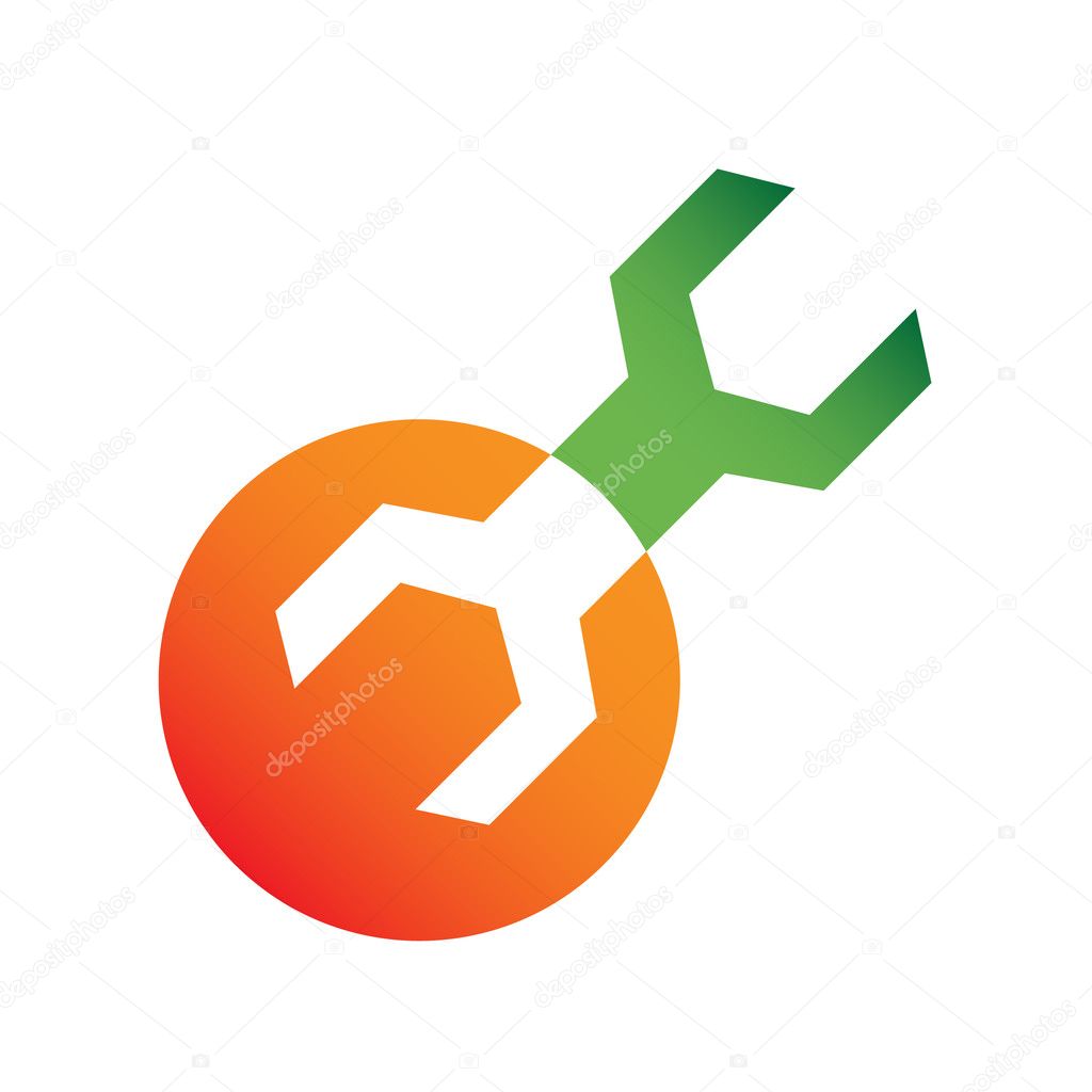 Orange and green wrench isolated on white