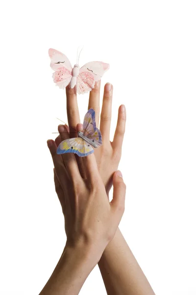 白で隔離される手に 2 つの蝶 — ストック写真