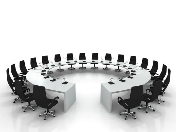 Mesa de conferencias y sillas con micrófonos —  Fotos de Stock