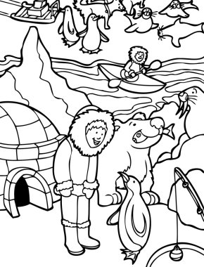 Eskimo in Alaska - black and white clipart