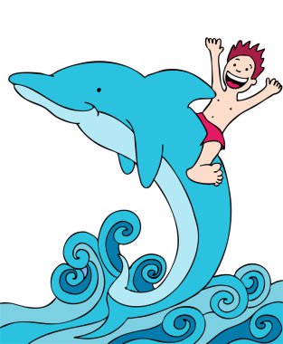 Kid riding dolphin clipart