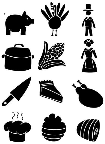 Icônes de Thanksgiving - Noir et blanc — Image vectorielle