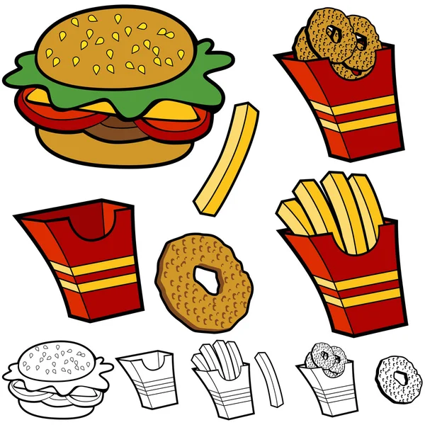 Hamburger, hranolky cibulové kroužky sada — Stockový vektor