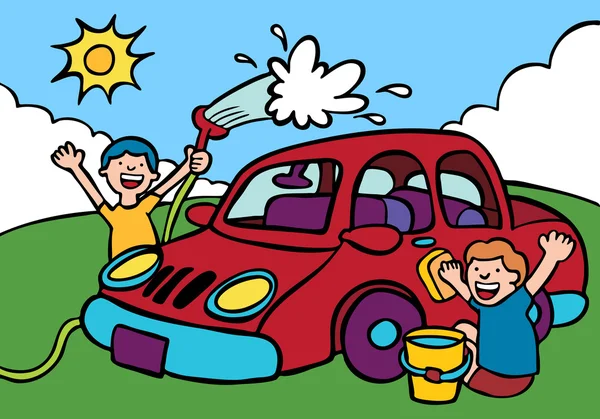 Děti mytí auta. — Stockový vektor