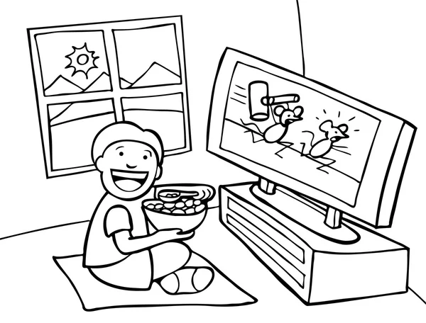 Criança assistindo TV - preto e branco — Vetor de Stock