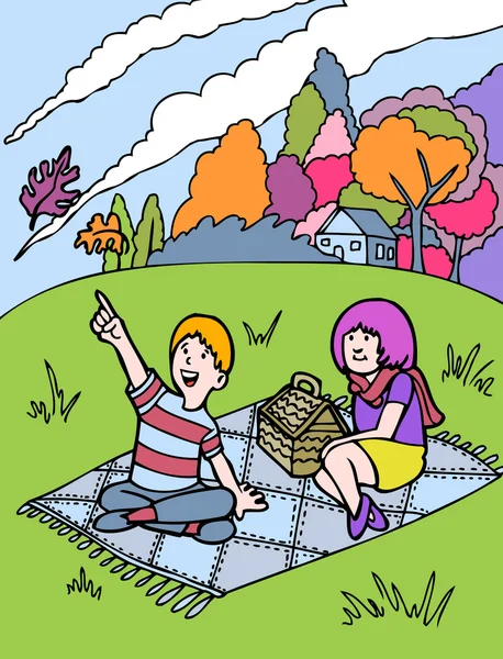 与朋友的孩子的冒险: 秋季野餐 — 图库矢量图片
