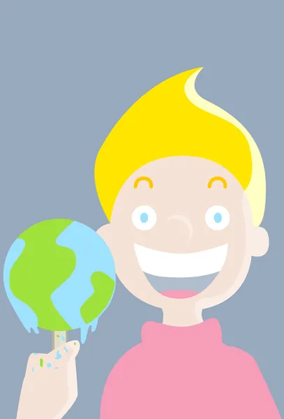 Niño con Helado en Forma de Planeta Tierra — Vector de stock