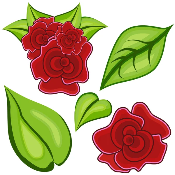 Set di icone con foglie di rosa del fumetto — Vettoriale Stock