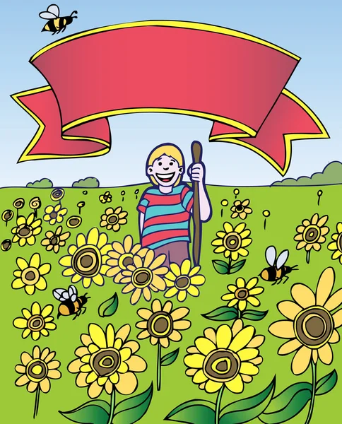 Дитина пригод: Соняшникова поля з банер — стоковий вектор