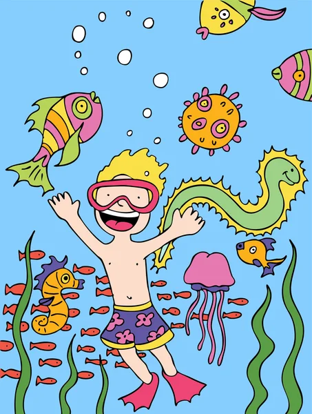 Child goes snorkeling — Stock Vector