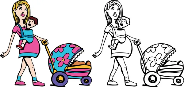 Moeder met baby en wandelwagen — Stockvector