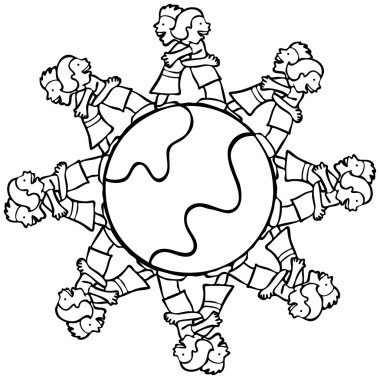 Globe with Surrounding Kids Hugging - B and W clipart