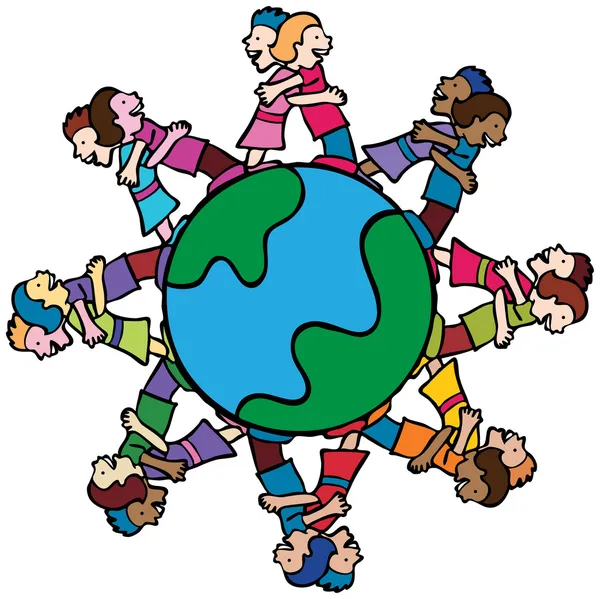 Globus z okolicznych dzieci przytulanie — Wektor stockowy