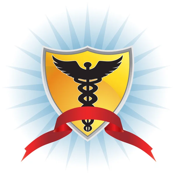 Símbolo médico de Caduceus - Escudo com fita — Vetor de Stock