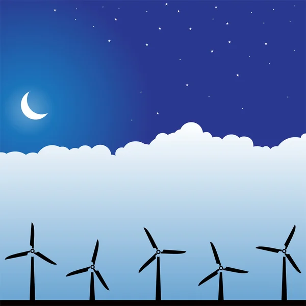 Night sky scen - vindkraftverk — Stock vektor