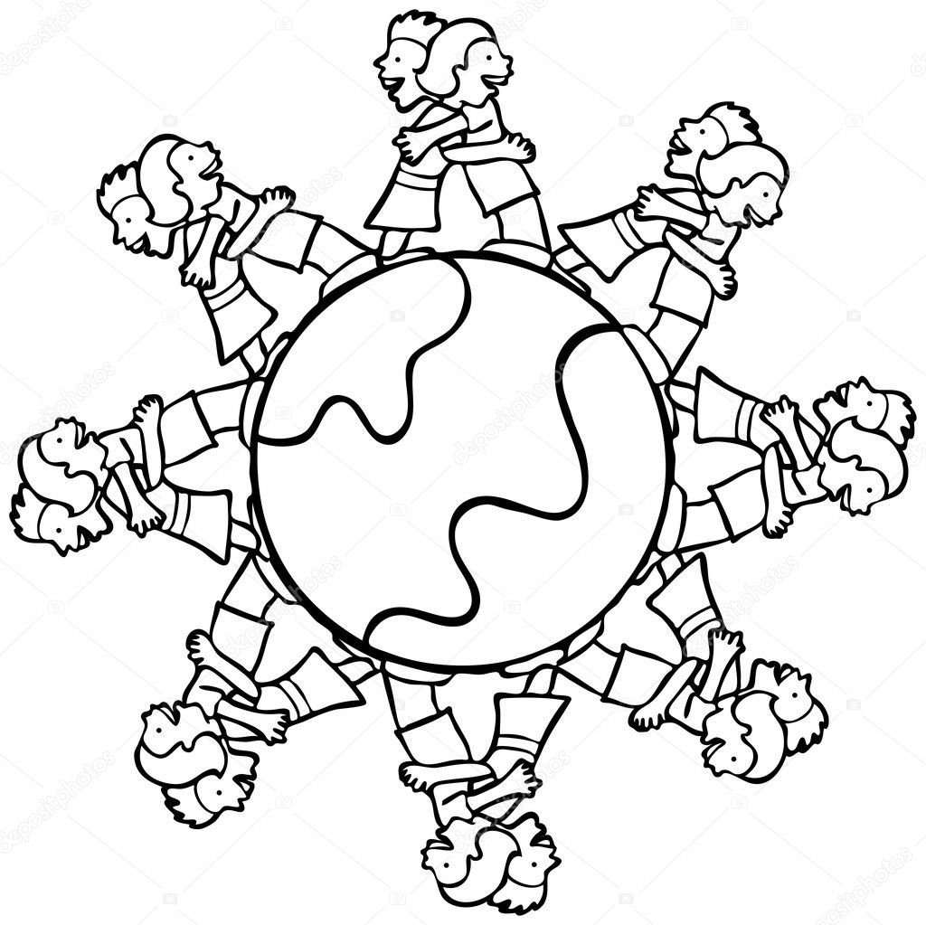 Globe with Surrounding Kids Hugging - B and W