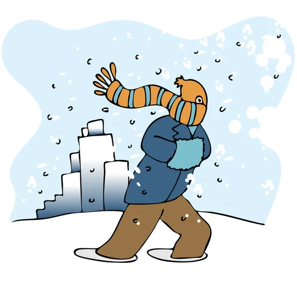 猛吹雪の中を歩く男のイメージ — ストックベクタ