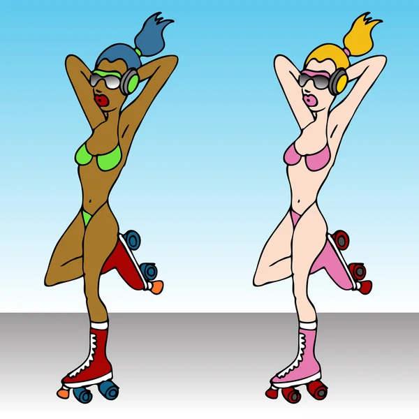 Une Image Deux Femmes Patinant Plein Air Bikinis — Image vectorielle