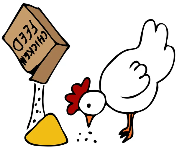 从一盒鸡饲料吃一只母鸡的形象 — 图库矢量图片