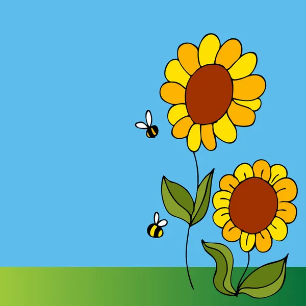 两个向日葵和两个蜜蜂的形象 — 图库矢量图片