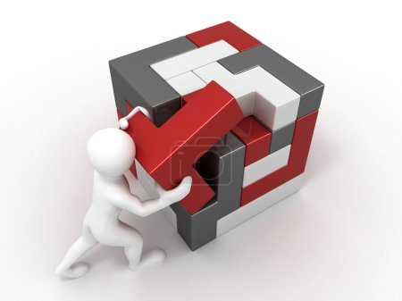 Hommes avec un cube construit à partir de blocs. Puzzle 