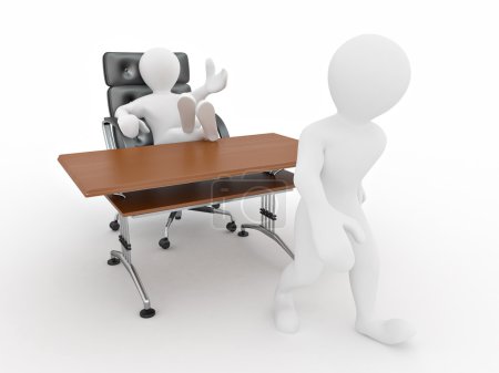 Le patron licencie un employé sur fond blanc isolé 