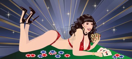 La belle fille joue au poker. vecteur .