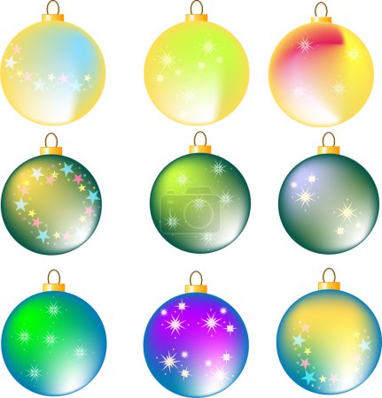 Neuf boules de Noël colorées assorties sur fond blanc, illustration 