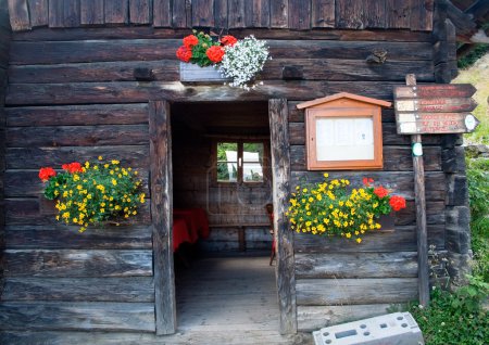 Entrée à la vieille maison et marguerites suspendues 